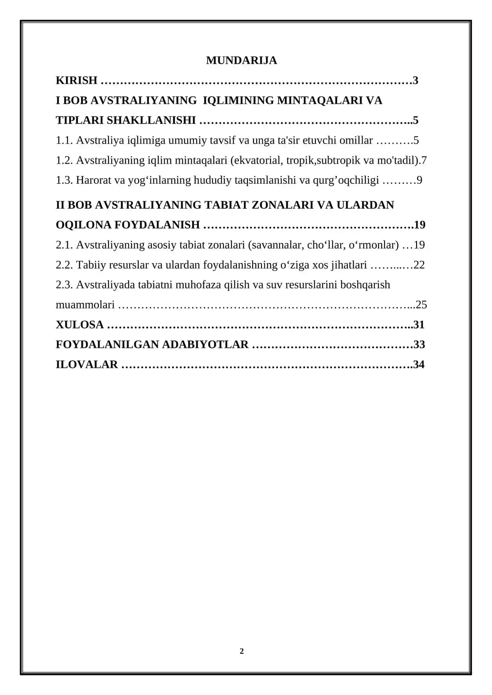 JAHON GEOGRAFIYASI FANIDAN KURS ISHI 2