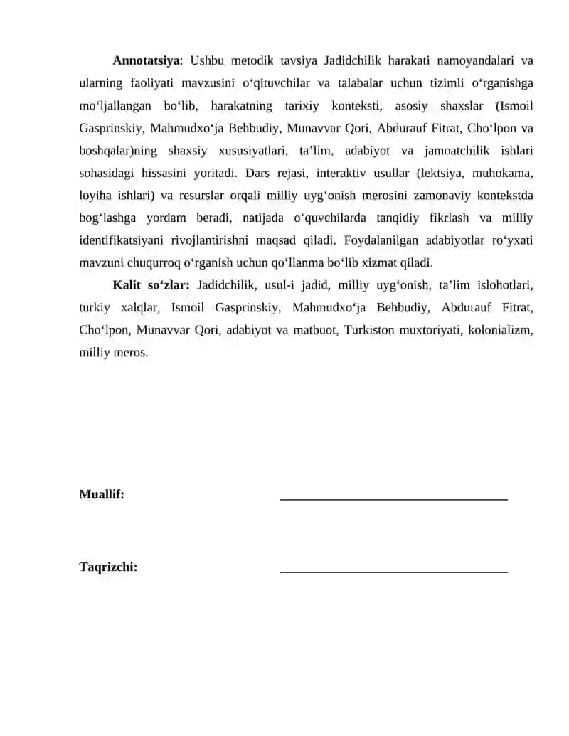 Jadidchilik xarakati mavzusida metodik tavsiya 2