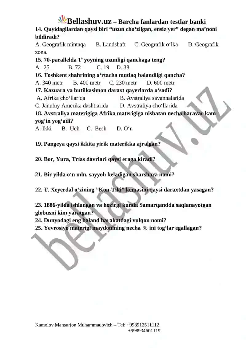 6-sinf. Geograiya. 1-variant. 2