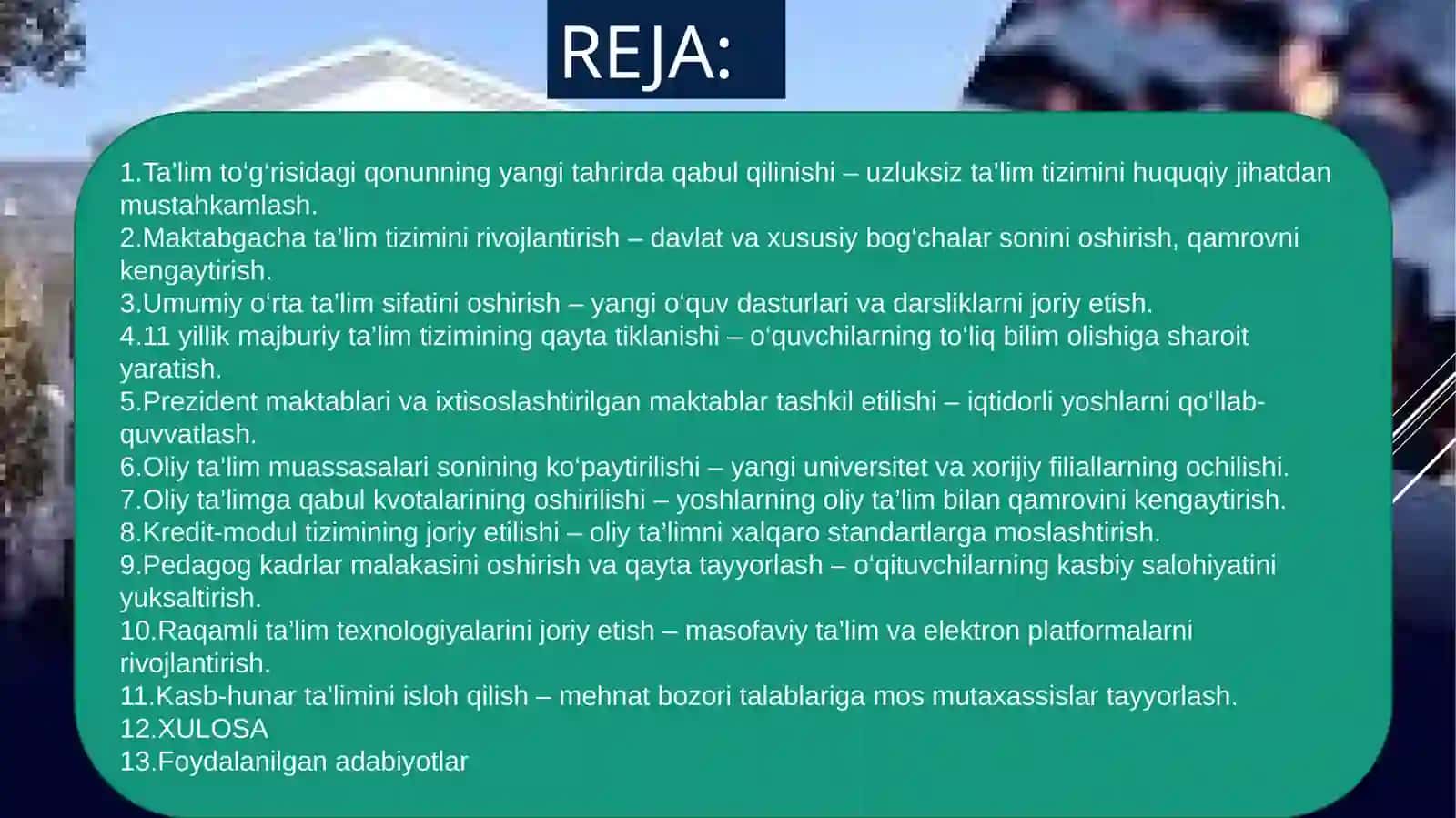 O`ZBEKISTON RESPUBLIKASIDATA’ LIMAMALGAOSHIRILGANISLOHOTLAR FAN:O`ZBEKISTONNINGENGYANGITARIXI TERMIZDAVLATUNIVERSITETI. IQTISODIYOTFAKULTETI. MOLIYAVAMOLIYAVIYTEXNOLOGIYALARYO`NALISHI. 125-GURUH. 1-KURS TALABA:MAMADIYEVFARRUXAZAMATOVICH O`QITUVCHI:ISAROV.U.I 2