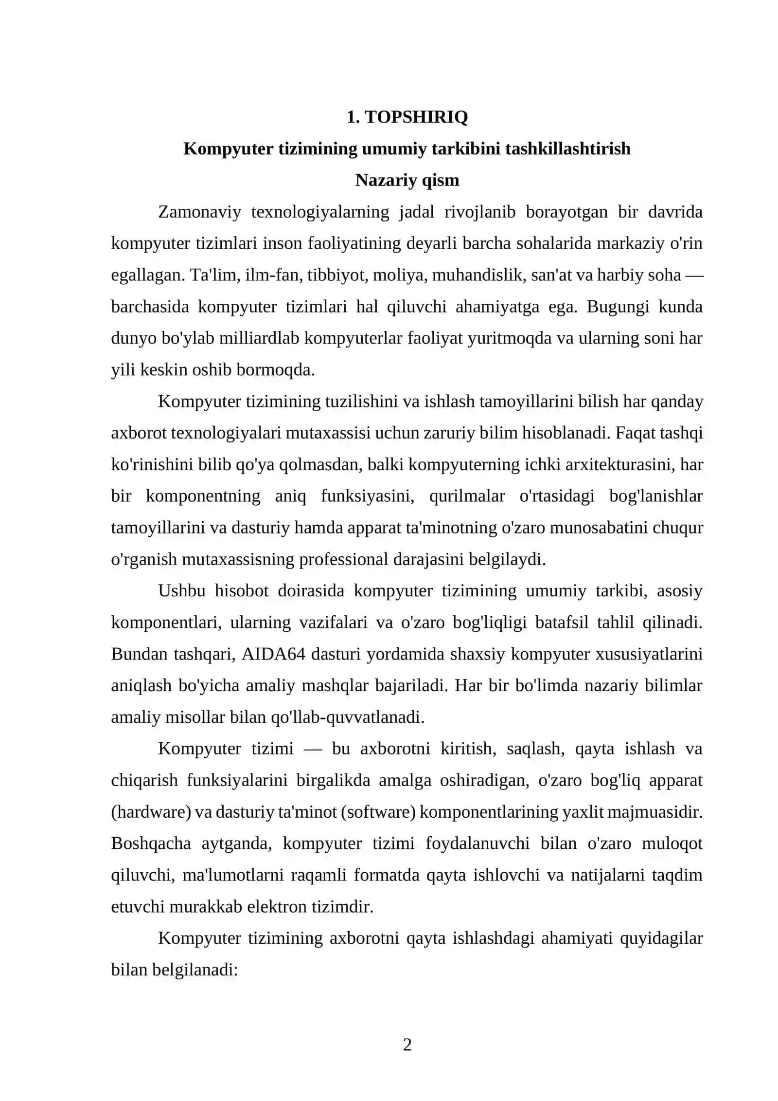 Kompyuter tizimining umumiy tarkibini tashkillashtirish 2