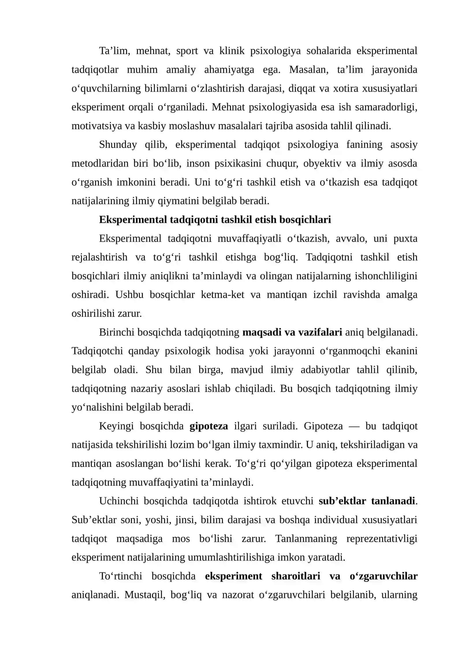 Eksperimental tadqiqotni tashkil etish va o‘tkazish 2