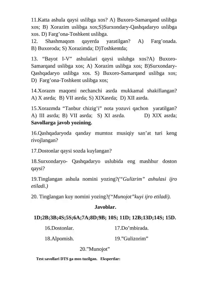 6-sinf uchun musiqa fanidan test savollari 2