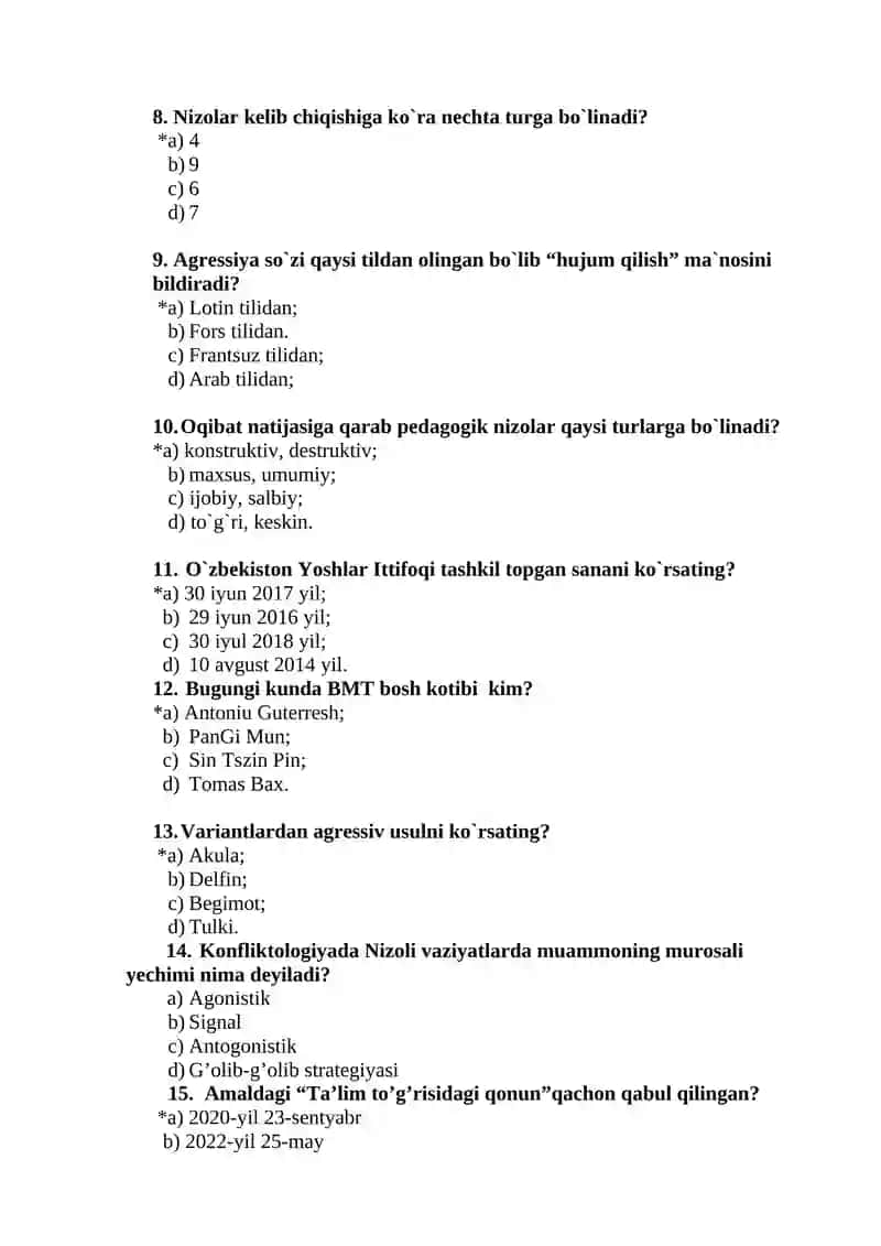 Pedagogik konfliktologiya fanidan Boshlang’ich ta’lim yo’nalishi 3-kurs (sirtqi) talabalari uchun test 2