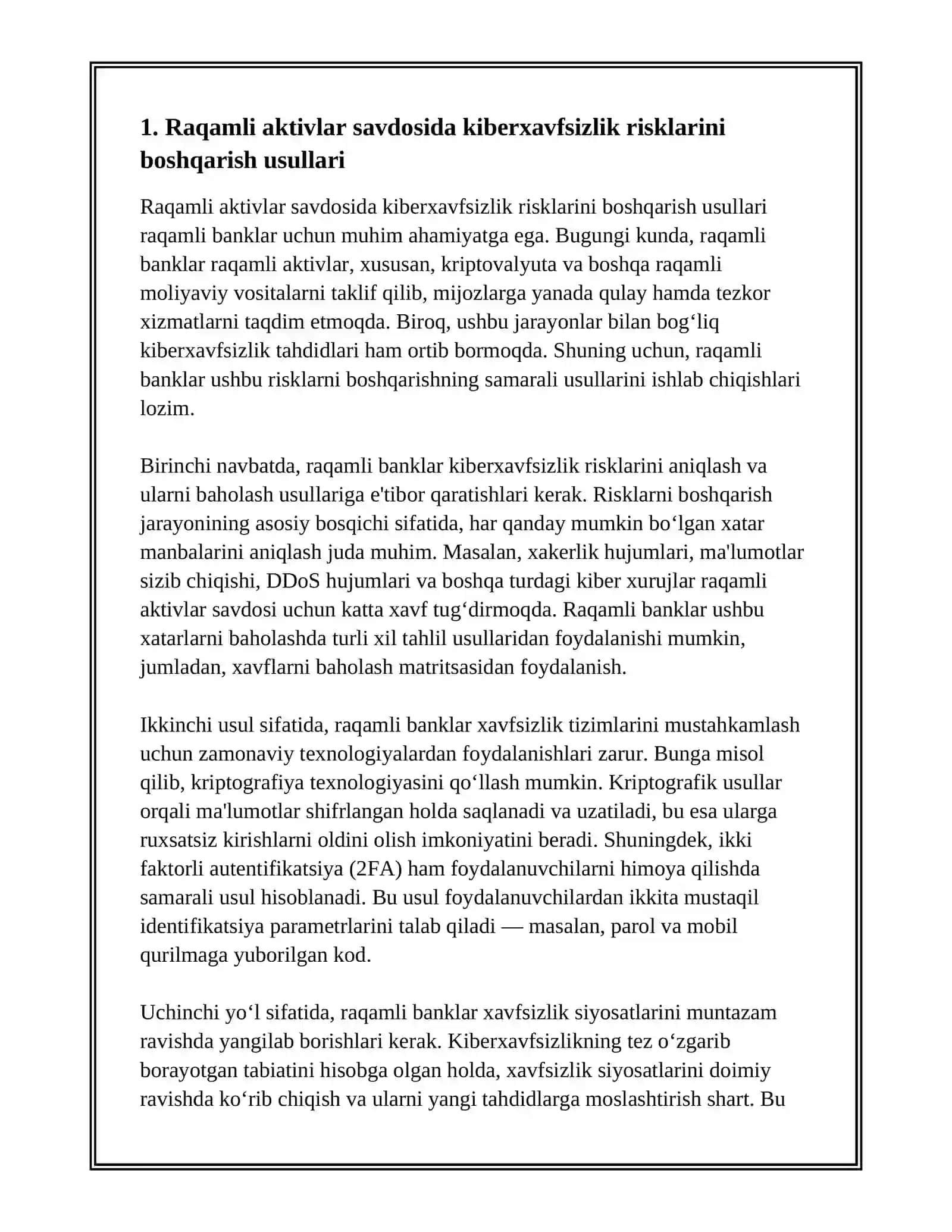 RAQAMLI BANKLARDA RAQAMLI AKTIVLAR SAVDOSIDA YUZAGA KELADIGAN RISKLARNI BOSHQARISH USULLARI 2