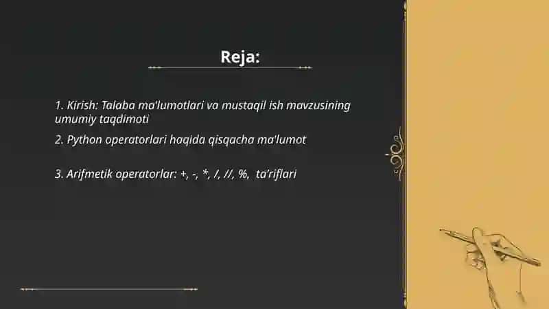 Python Operatorlari: Arifmetik, taqqoslash, mantiqiy va a'zolik (in, not in) operatorlari tahlili 2