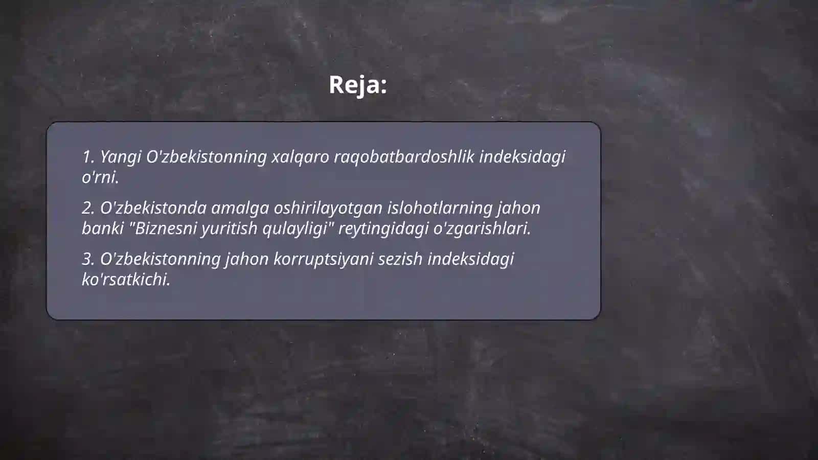 Yangi O'zbekiston ijtimoiy-siyosiy, iqtisodiy va madaniy hayotida ro'y berayotgan o'zgarishlarning xalqaro reyting va indekslarda aks etishi 2