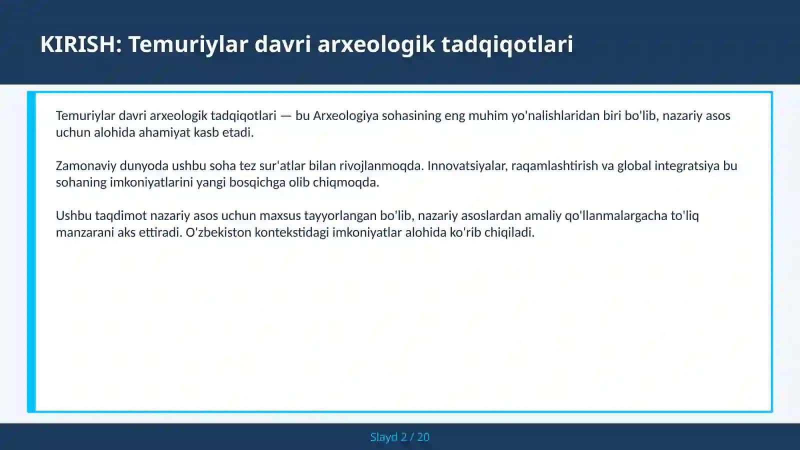 TEMURIYLAR DAVRI ARXEOLOGIK TADQIQOTLARI 2