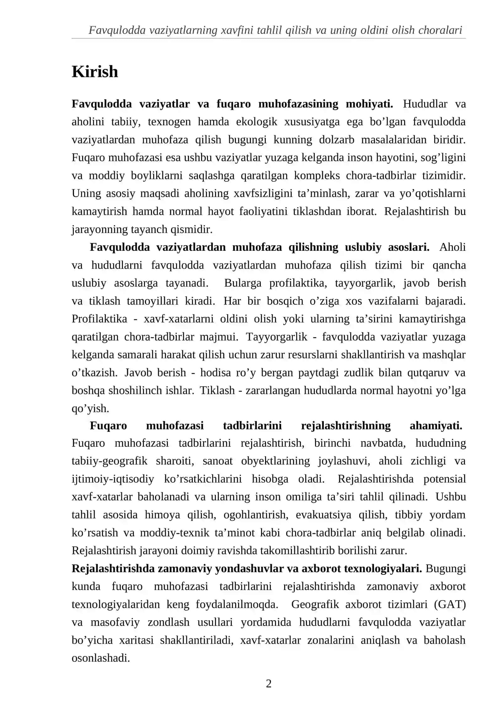 Aholi va hududlarni favqulodda vaziyatlardan muhofaza qilish va fuqaro muhofazasi tadbirlarini rejalashtirish 2