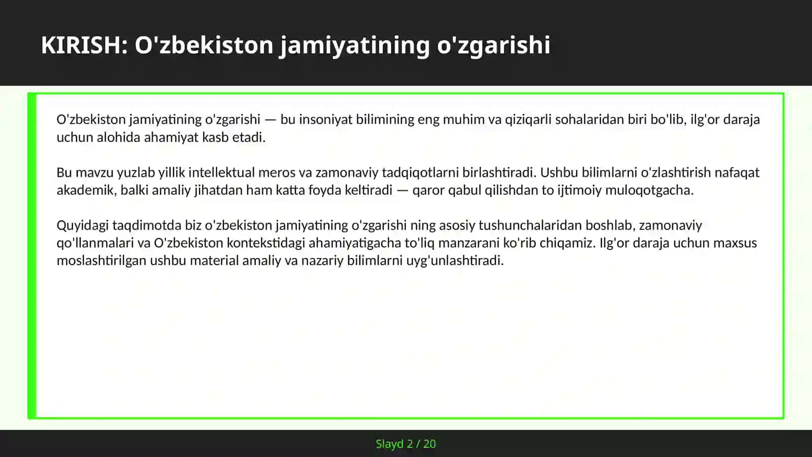 O'ZBEKISTON JAMIYATINING O'ZGARISHI 2