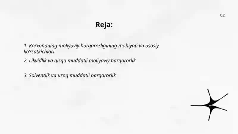 Korxonaning moliyaviy barqarorligi Muxtorova Nozliya 2