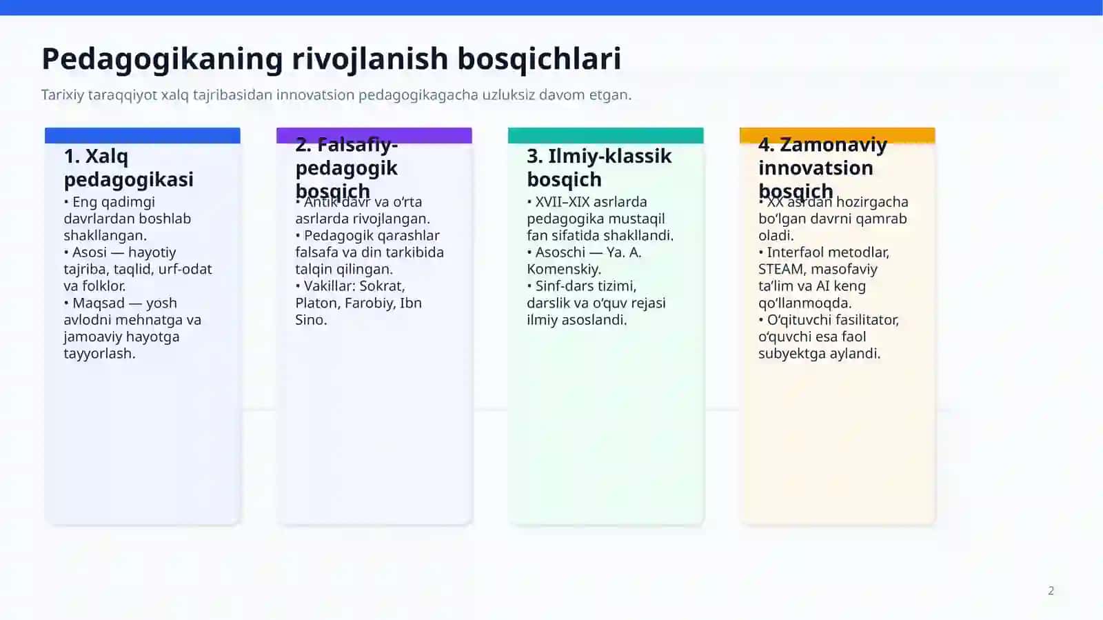 Pedagogika fanining rivojlanish bosqichlari va tizimi 2