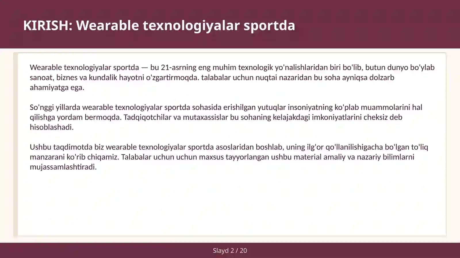 WEARABLE TEXNOLOGIYALAR SPORTDA 2