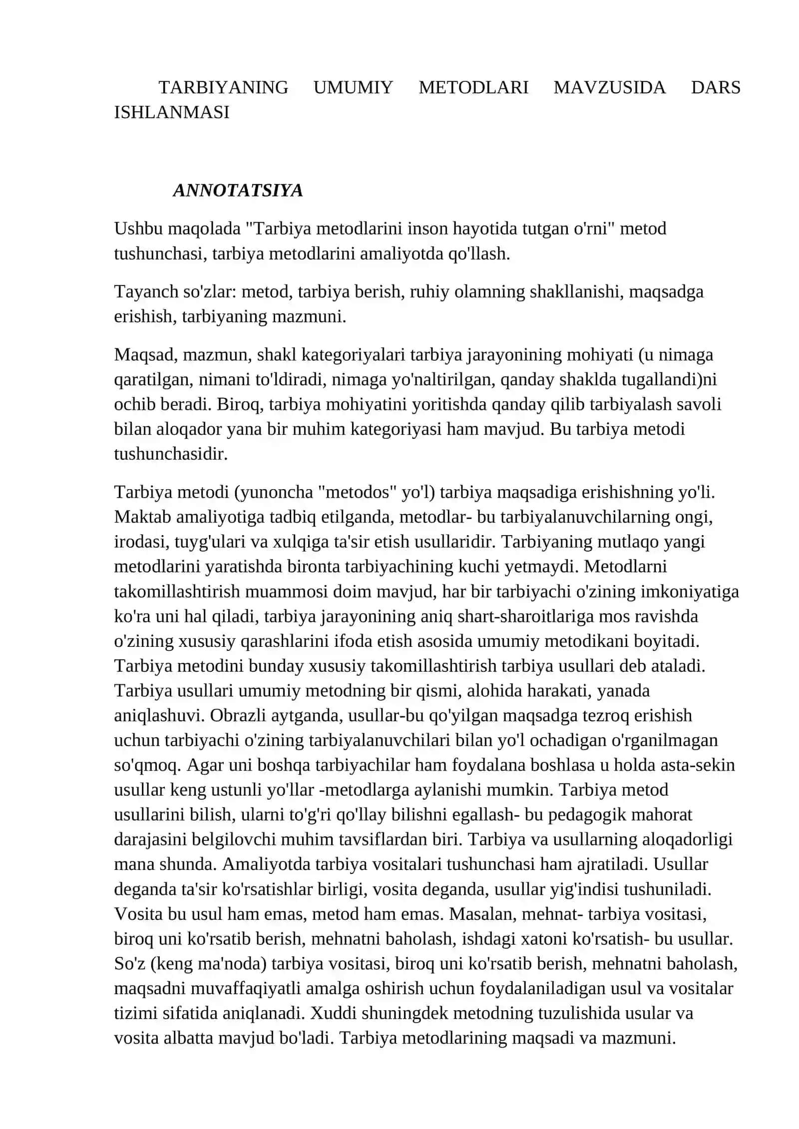 TARBIYANING UMUMIY METODLARI MAVZUSIDA DARS ISHLANMASI 2