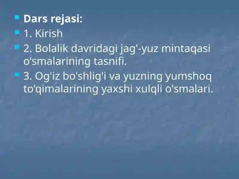 Bolalarda yuz-jag' mintaqasi yumshoq to'qimalarining o'smalari va o'simtasimon shakllanishlari. Tasnifi, klinik kechishi va diagnostikasi 2