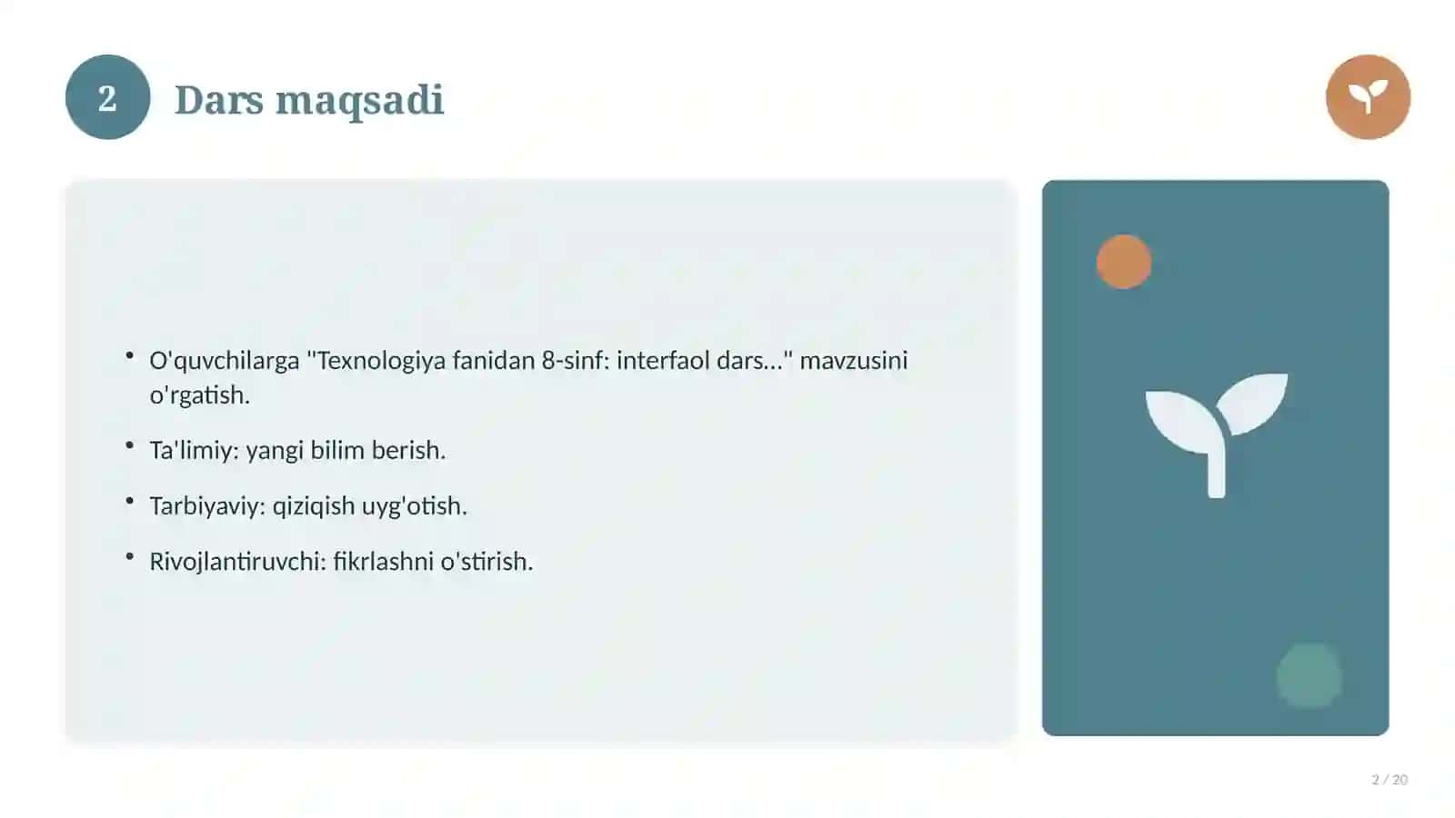 Texnologiya fanidan 8-sinf: interfaol dars ishlanmasi 2
