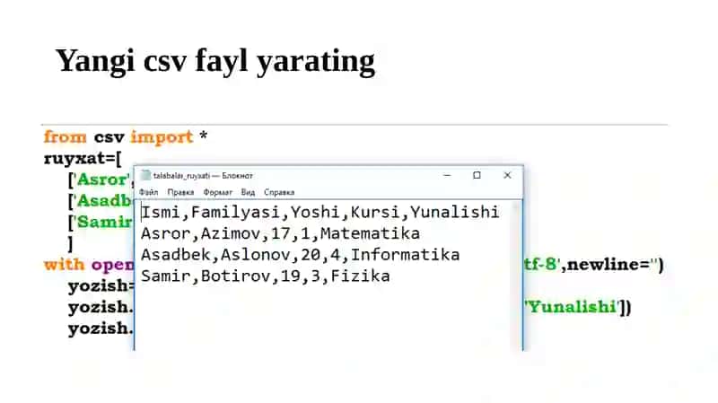 Pythonda CSV fayllari vaular ustida ishlash 2
