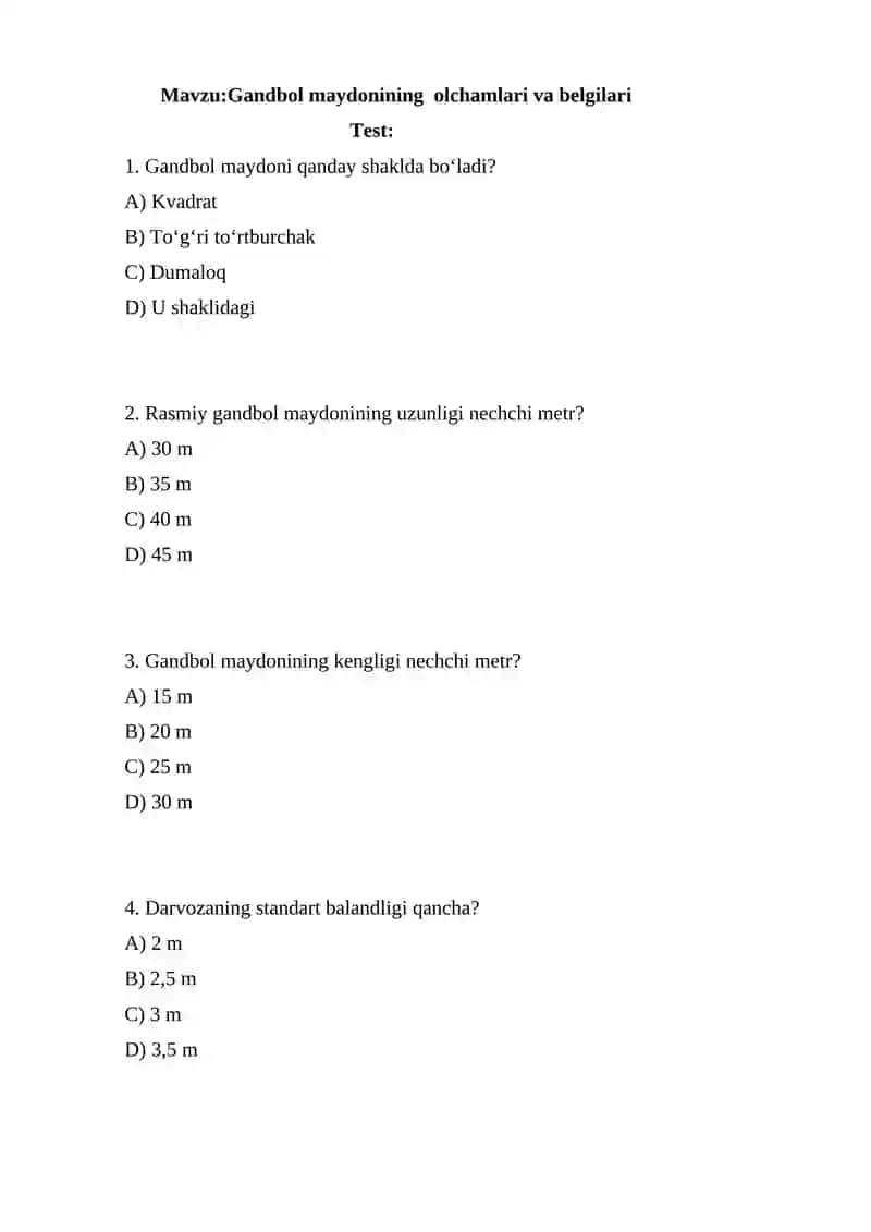 Gandbol maydonining olchamlari va belgilari 2
