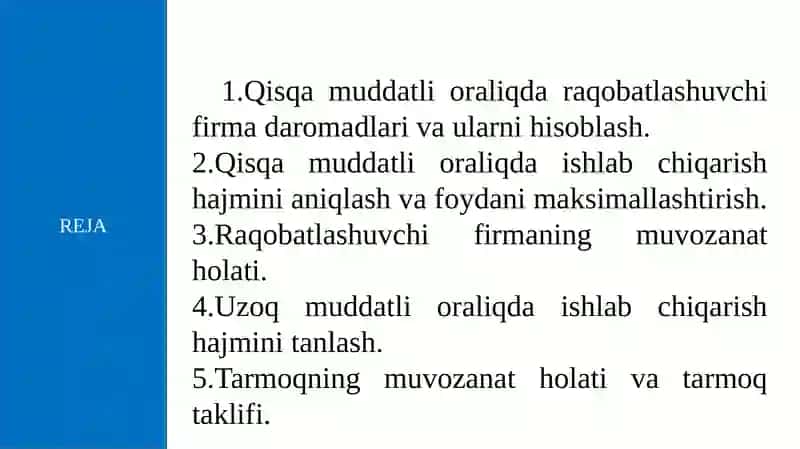 FOYDANI MAKSIMALLASHTIRISH VA RAQOBATLI TAKLIF REJA 2
