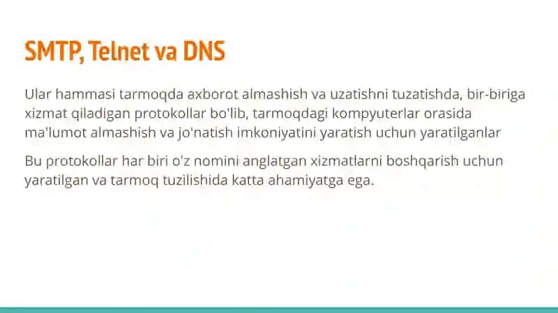 SMTP, Telnet va DNS Tarmoq protokollari 2