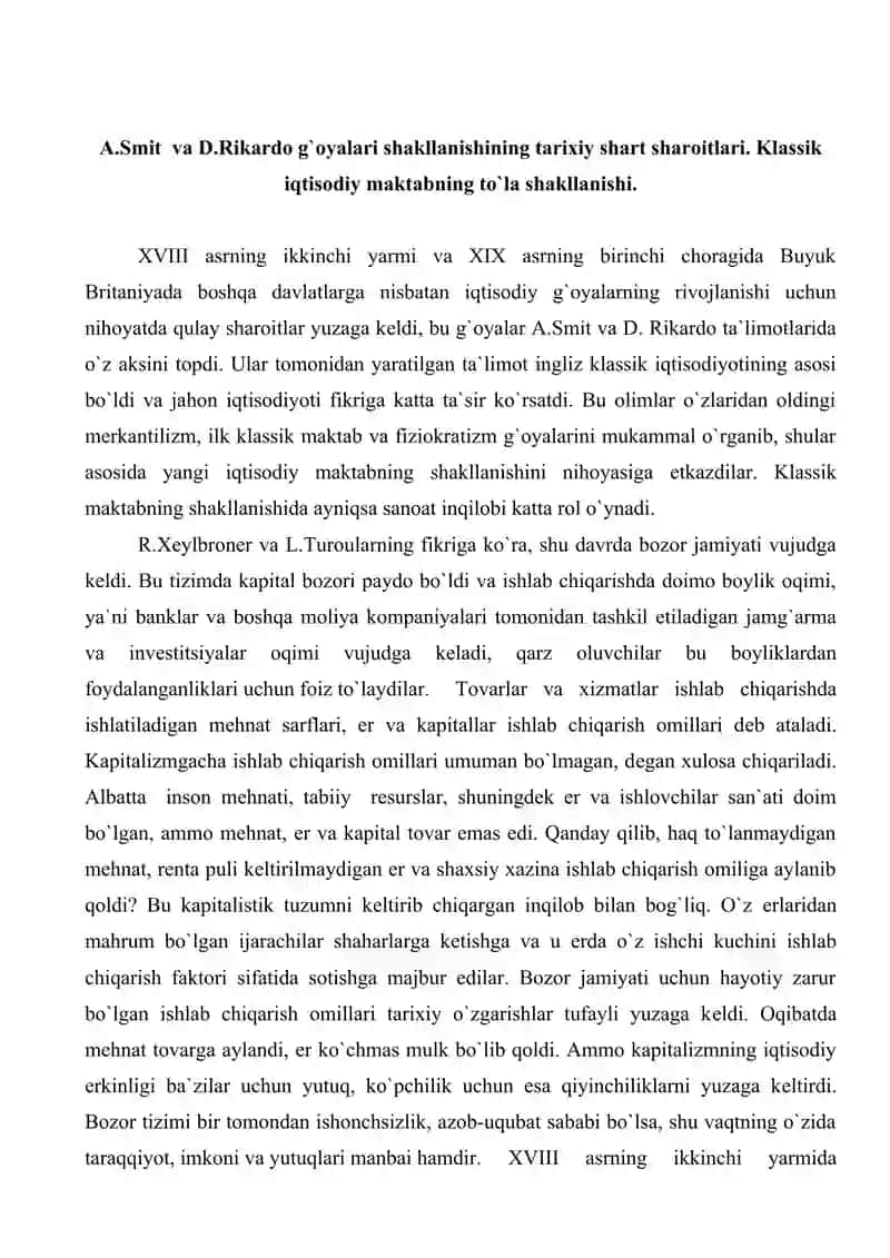 A.Smit va D.Rikardo g`oyalari shakllanishi 2