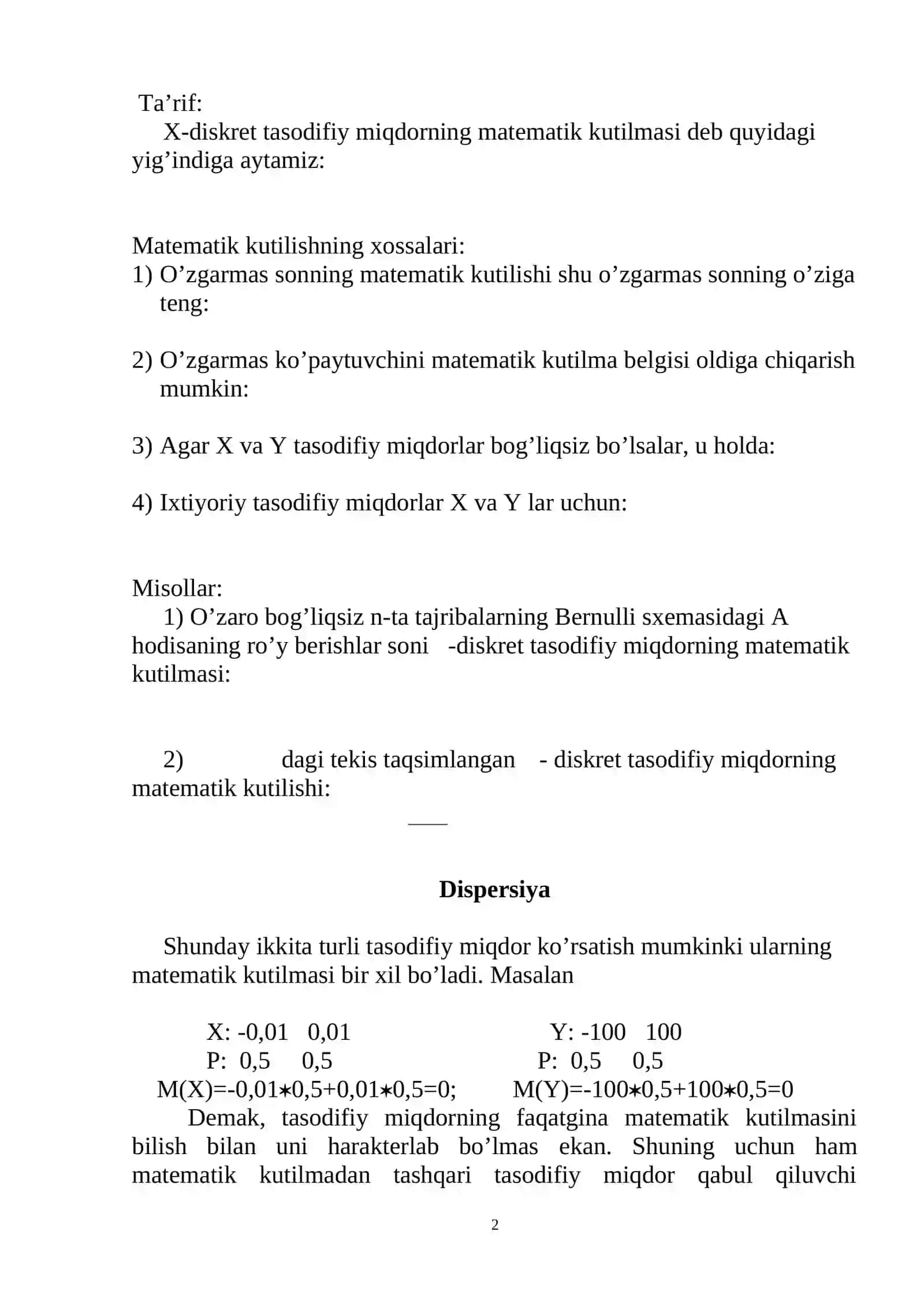 O‘rtacha qiymat. Matematik kutilish. Dispersiya 2