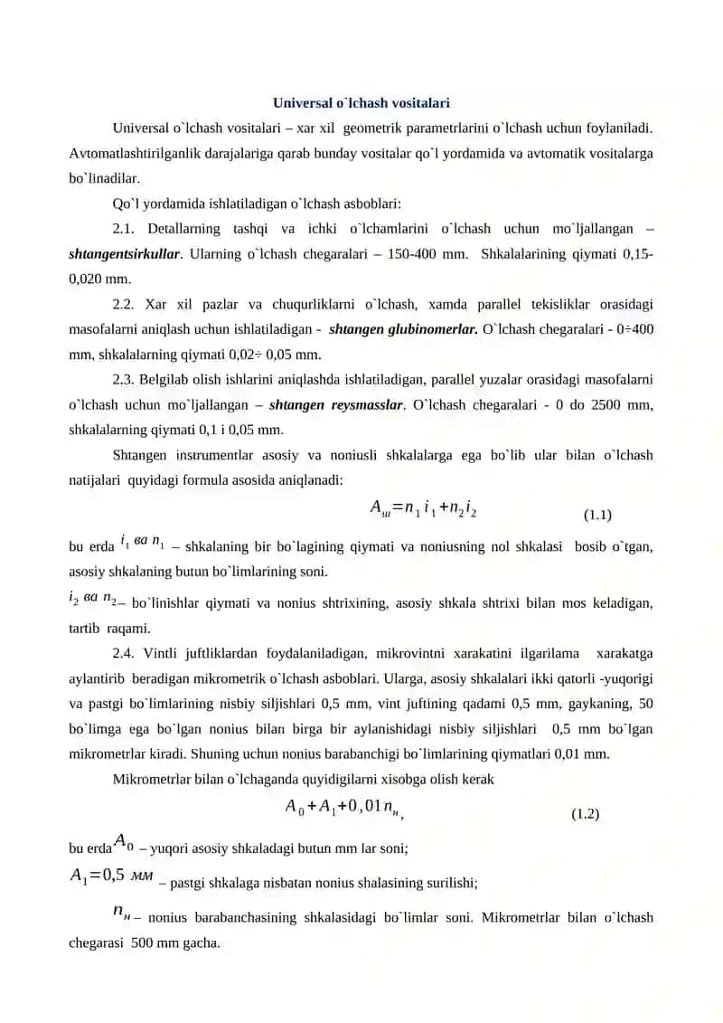 O`LCHOV ASBOBLARI VA O’LCHASH VOSITALARINI O’RGANISH 2