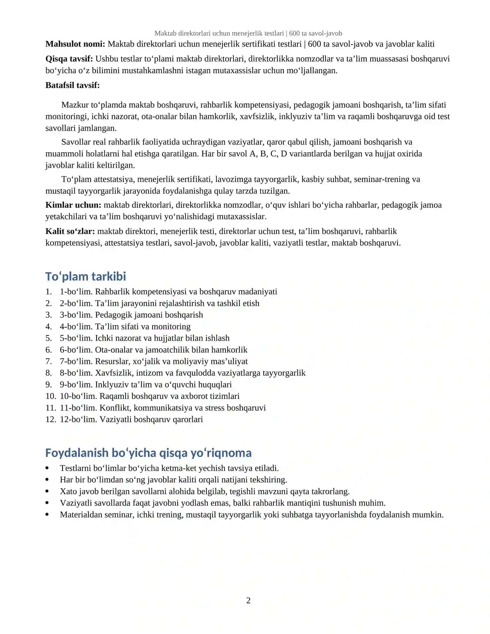 Maktab direktorlari uchun menejerlik sertifikati testlari | 600 ta savol-javob va javoblar kaliti 2