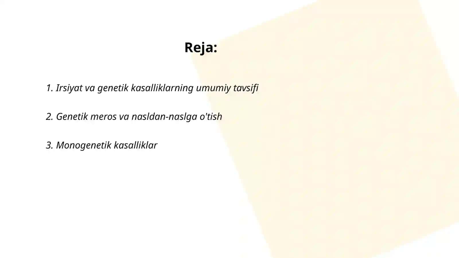 Irsiyat va irsiy kasalliklar. Nerv tizimining sistemalari ahamiyati va gigiyenasi 2