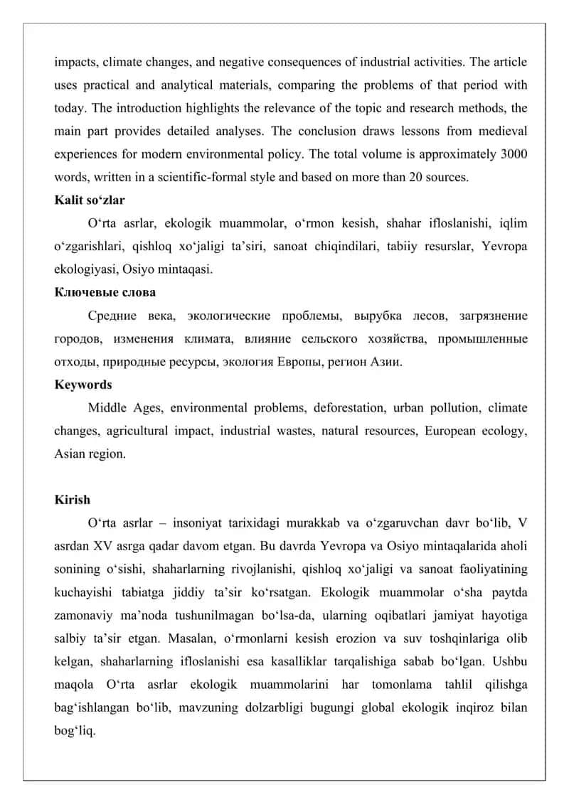 O‘rta asrlar ekologik muammolari maqola 2