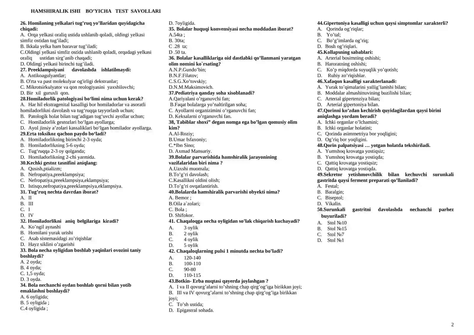 HAMSHIRALIK ISHI BO’YICHA TEST SAVOLLARI 2