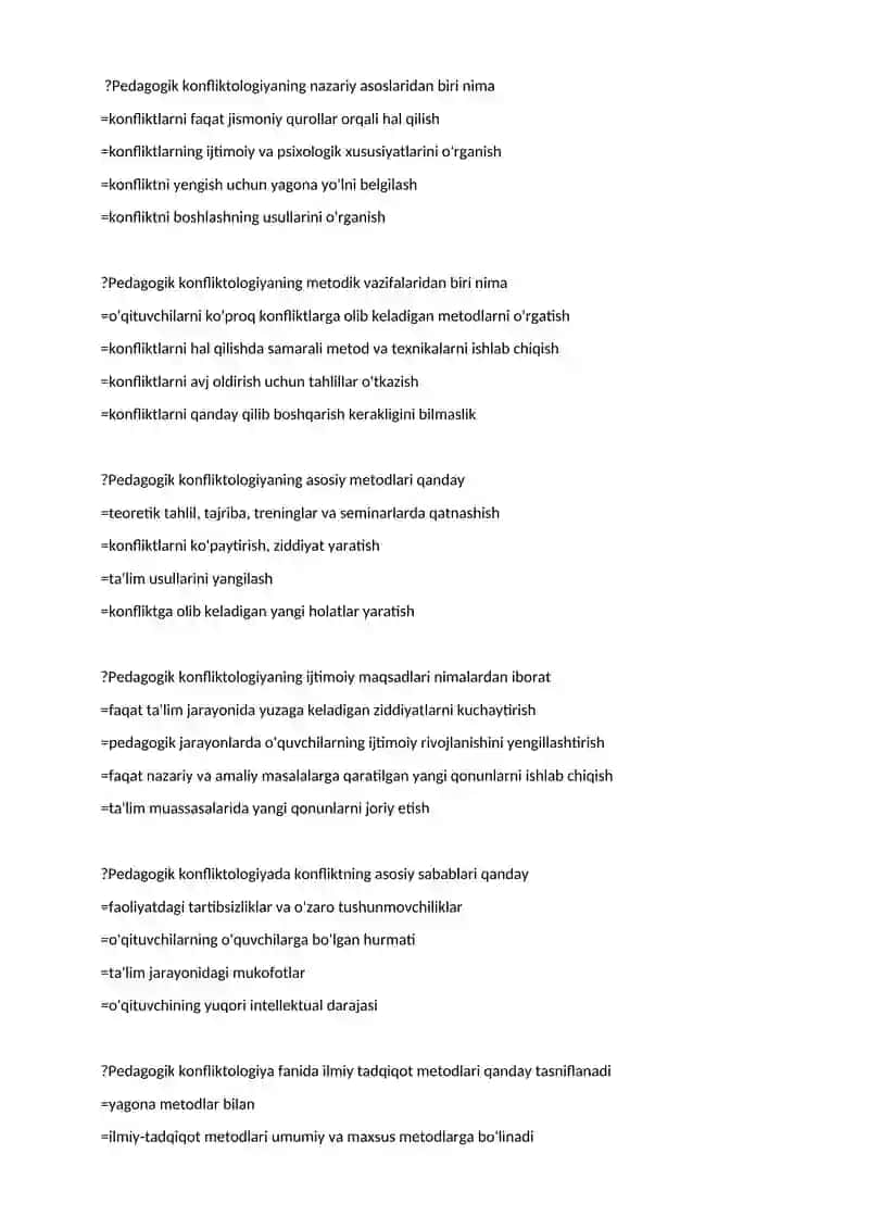 PEDAGOGICAL CONFLICTOLOGY _PRI, PRE (UZB) TEST 2