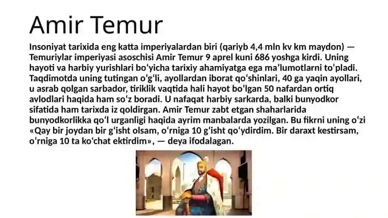 Amir Temur-buyuk davlat arbobi mavzusida slayd 2