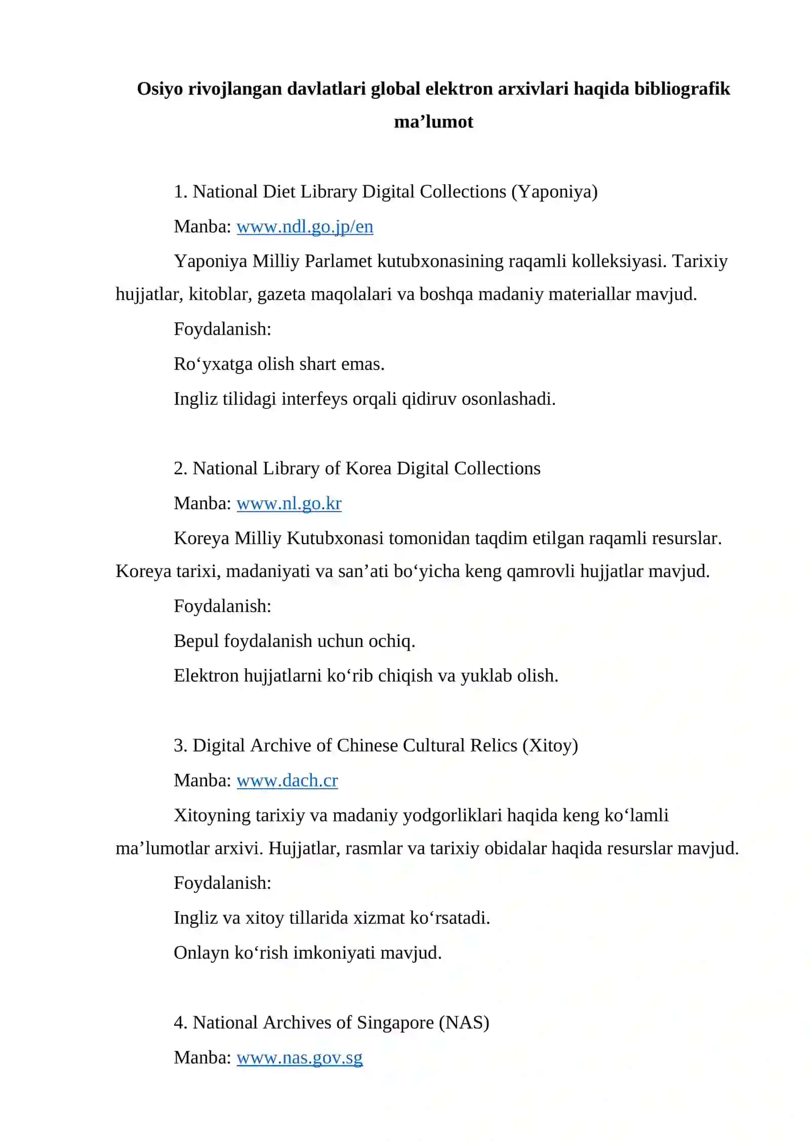 "Osiyo rivojlangan davlatlari global elektron arxivlari" mavzusidagi bibliografik ma’lumotnoma 2