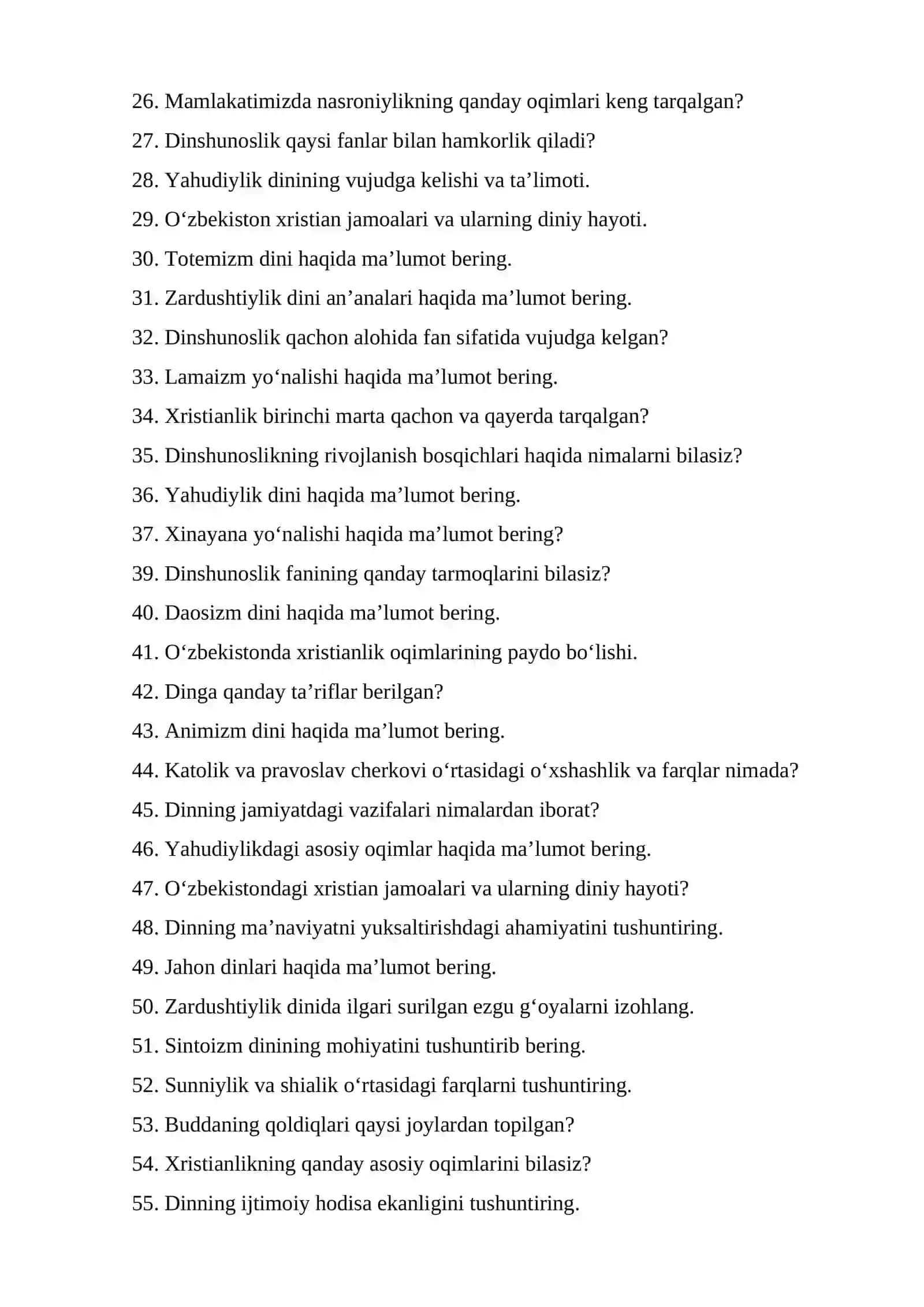 DINSHUNOSLIKDAN SESSIYA SAVOLLARI 2