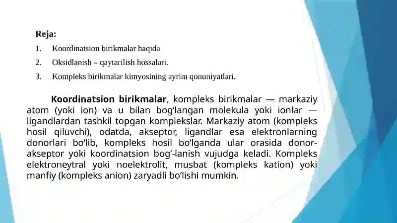 Koordinatsion birikmalarning kisota-asos va oksidlanish-qaytarilish xossalari 2