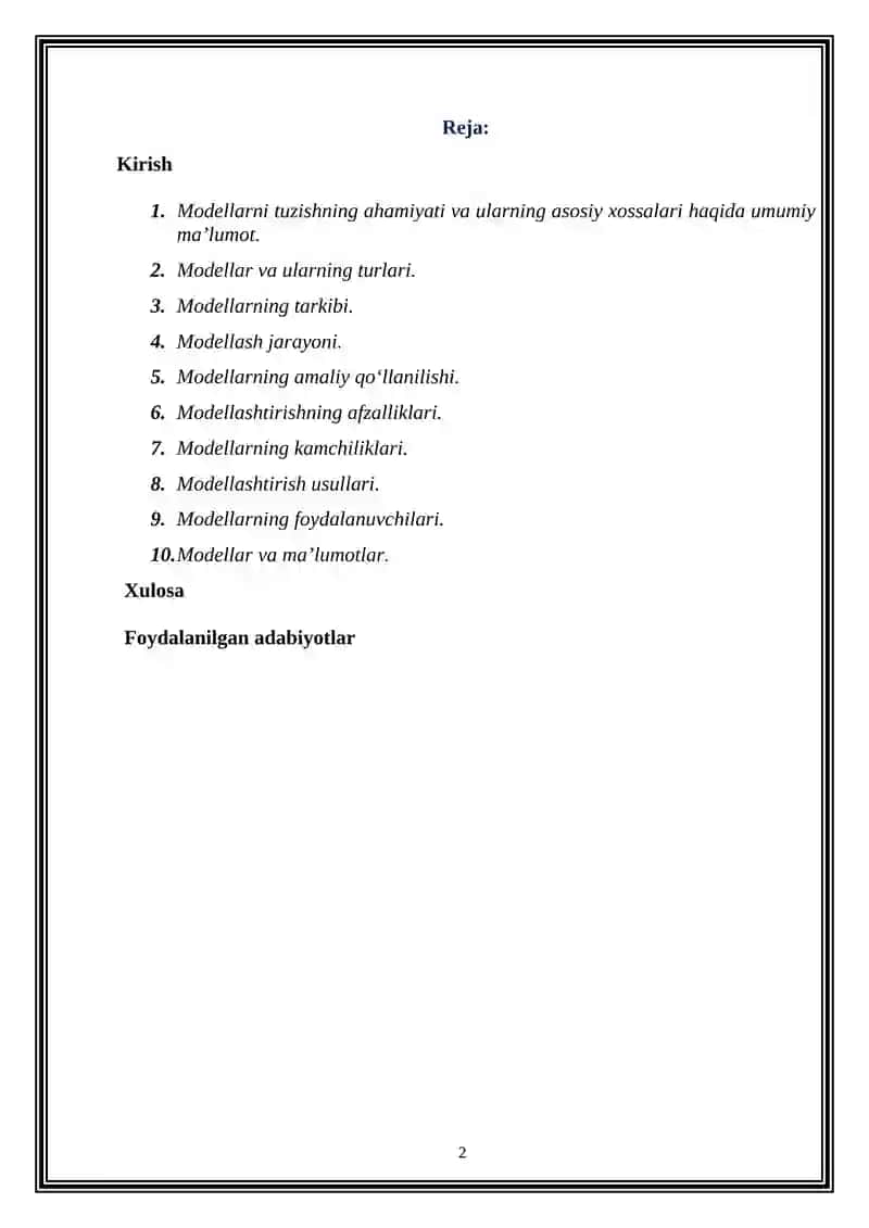 Modellarni tuzishning asosiy xossalari 2