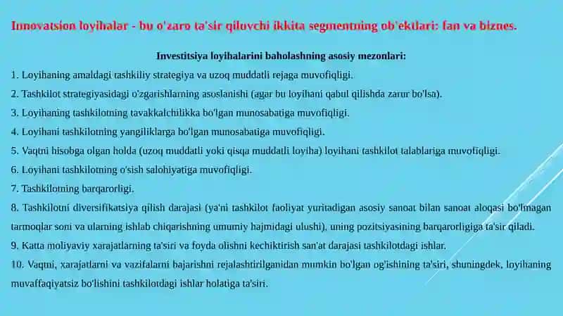 INNOVATSION LOYIHALARNI BAHOLASH USLUBIYOTI 2