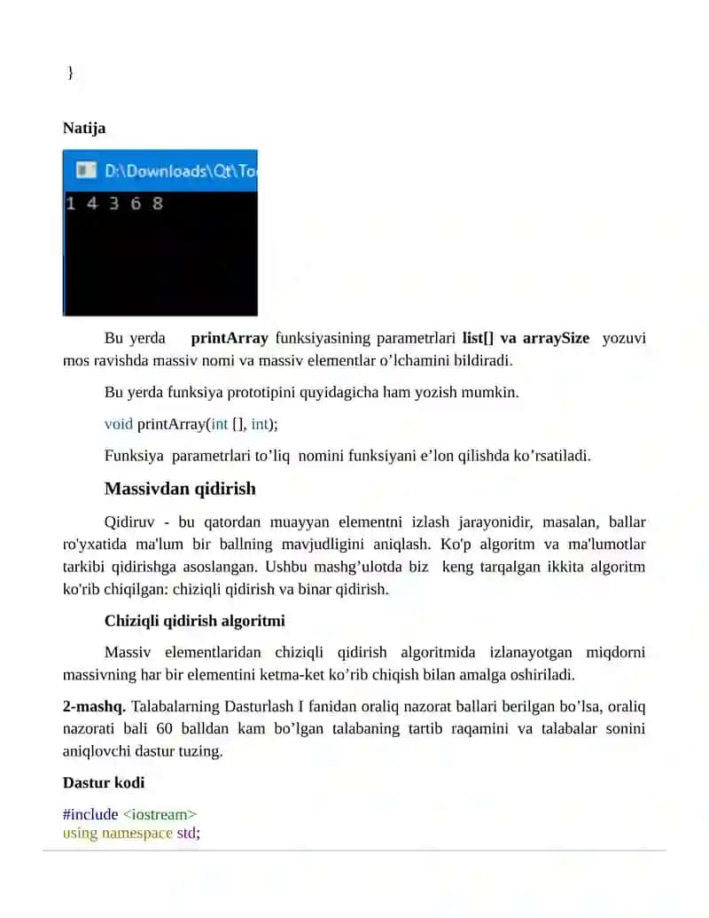 Massiv elementlarini qidirish va saralash algoritmlaridan foydalanib dastur tuzish 2