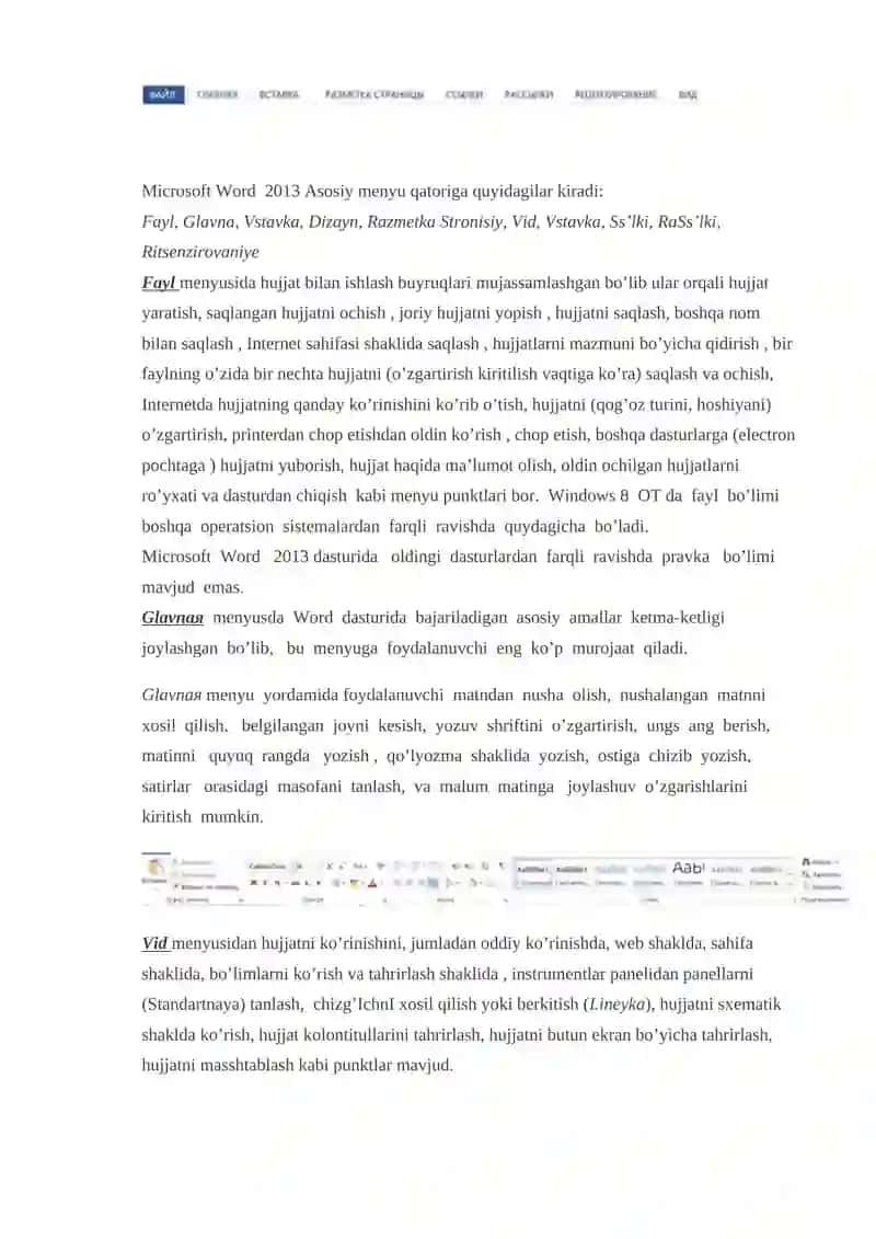 Microsoft Word 2013 dasturi menyu bo’limlari 2