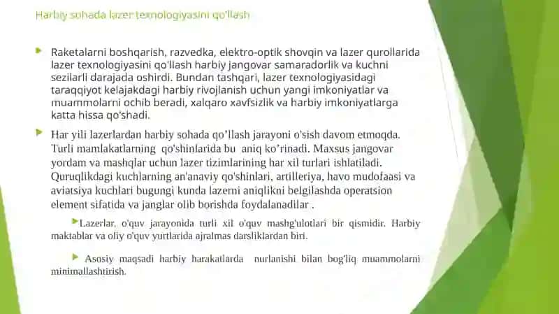 Lazerlarning harbiy sohada qo’llanishi 2