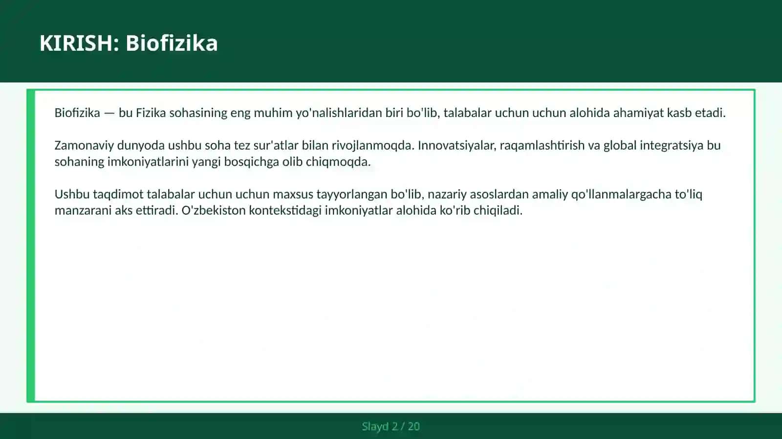 BIOFIZIKA Membrana — talabalar uchun 2