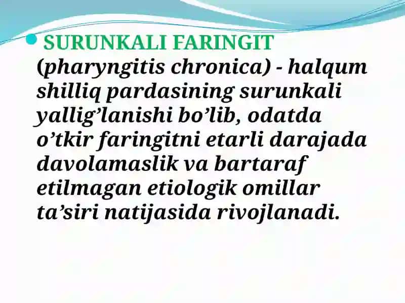 SURUNKALI FARINGIT(pharyngitischronica) -halqumshilliqpardasiningsurunkaliyallig’lanishibo’lib,odatdao’tkirfaringitniеtarlidarajadavolamaslikvabartarafetilmaganetiologikomillarta’sirinatijasidarivojlanadi 2