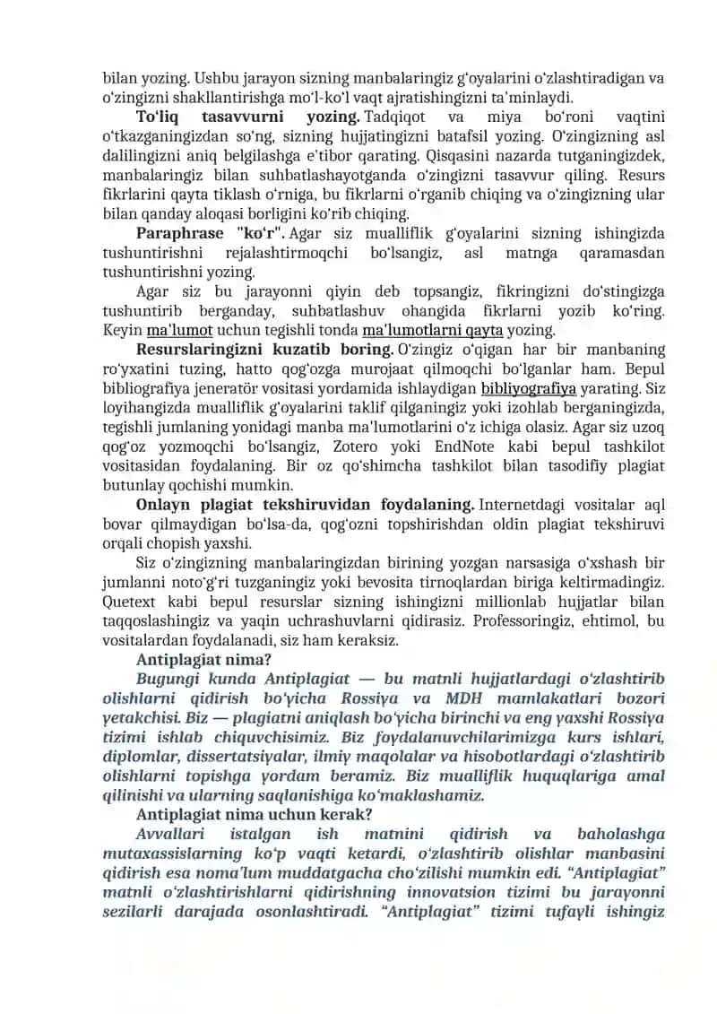 2-mavzu: PLAGIAT VA UNGA YO‘L QO‘YMASLIK TALABLARI 2