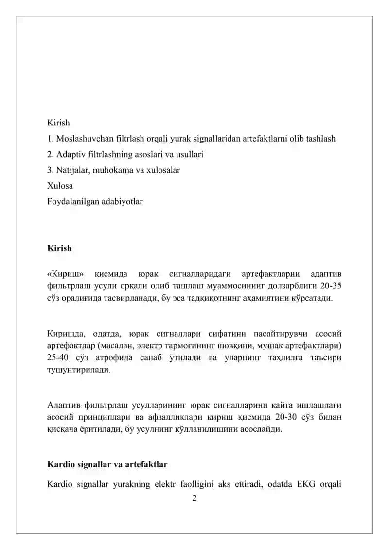 Yurak signallarini adaptiv filtrlash orqali artefaktlarni yo‘qotish 2