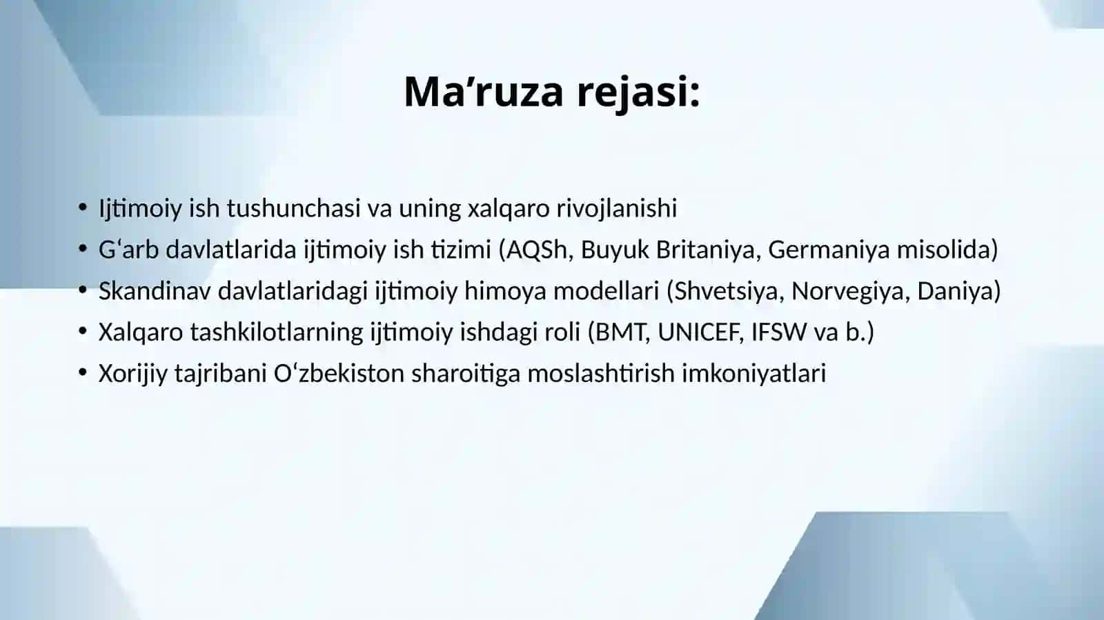 Chet elda ijtimoiy ish asoslari 2