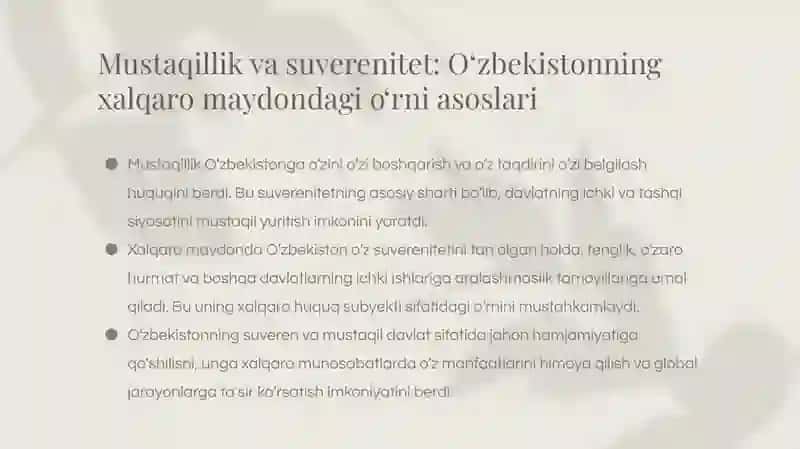 Oʻzbekistonning jahon hamjamiyatidagi oʻrni qanday? 2
