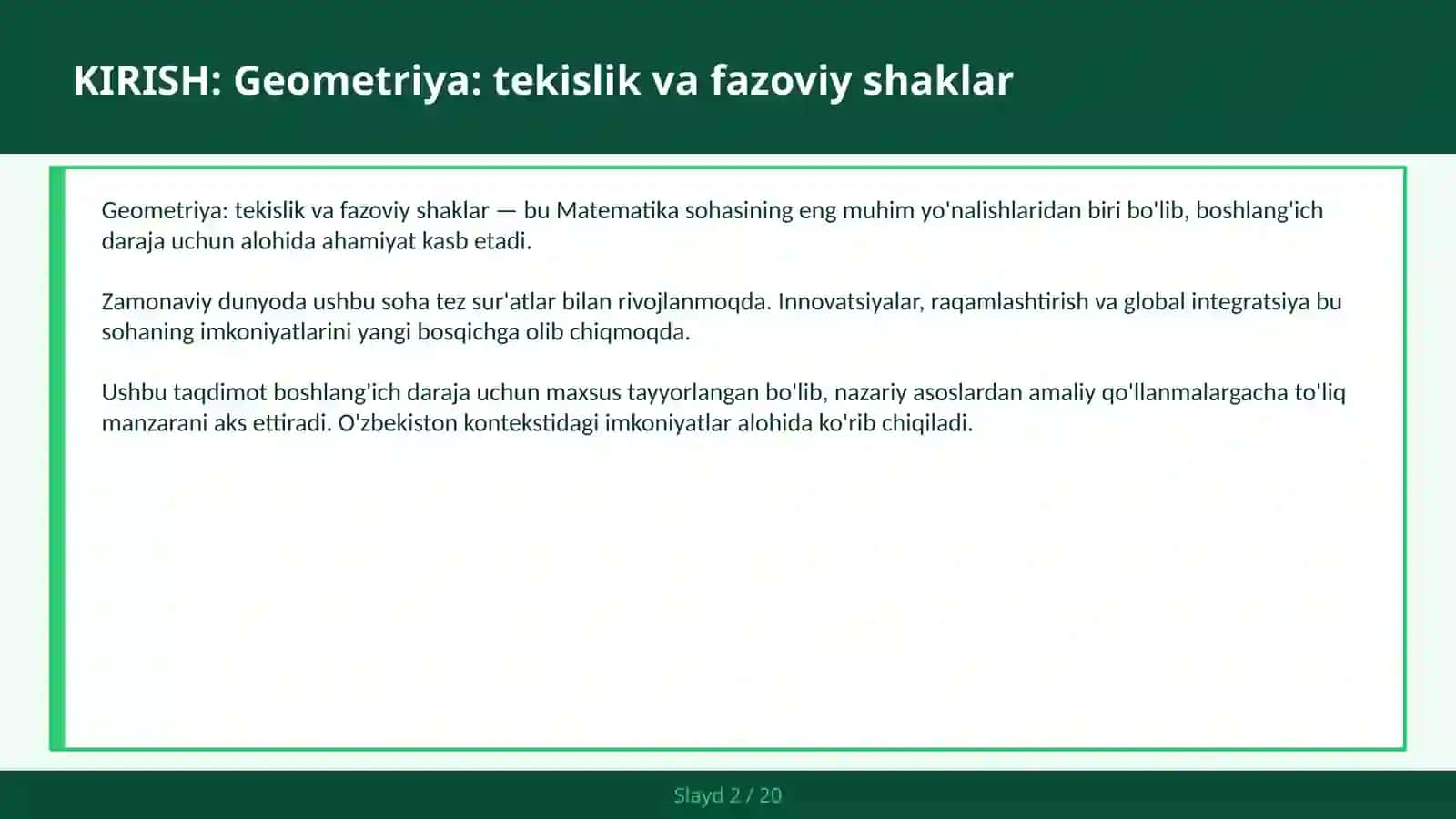 GEOMETRIYA: TEKISLIK VA FAZOVIY SHAKLAR 2