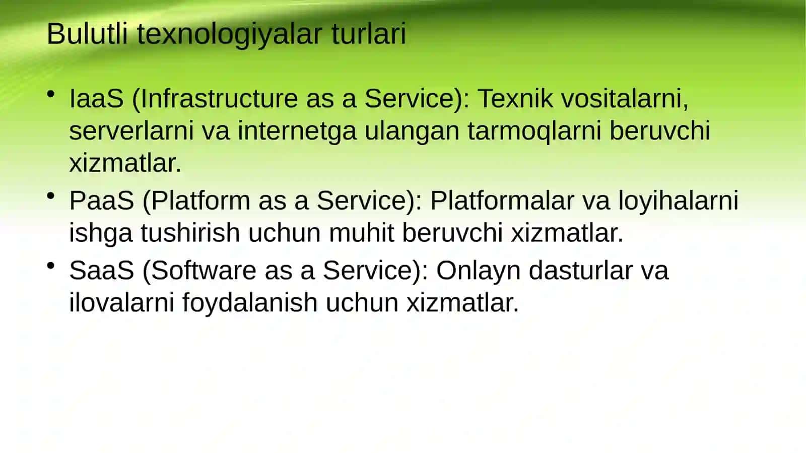 MAVZU:Har hil faoliyat sohalarida bulutli texnologiyalardan foydalanish imkoniyatlari 2