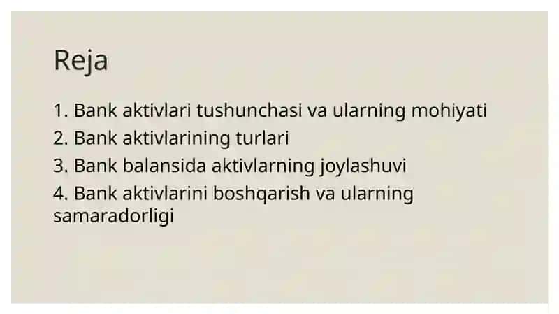 Bank aktivlari tarkibi va ularni balansda joylashishi 2